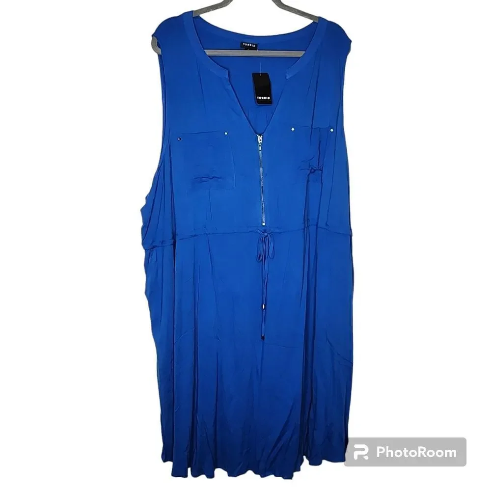6X 30W Torrid Blue Mini Textured Rayon Shirt Dress Zip V Neck Drawstring Chest p